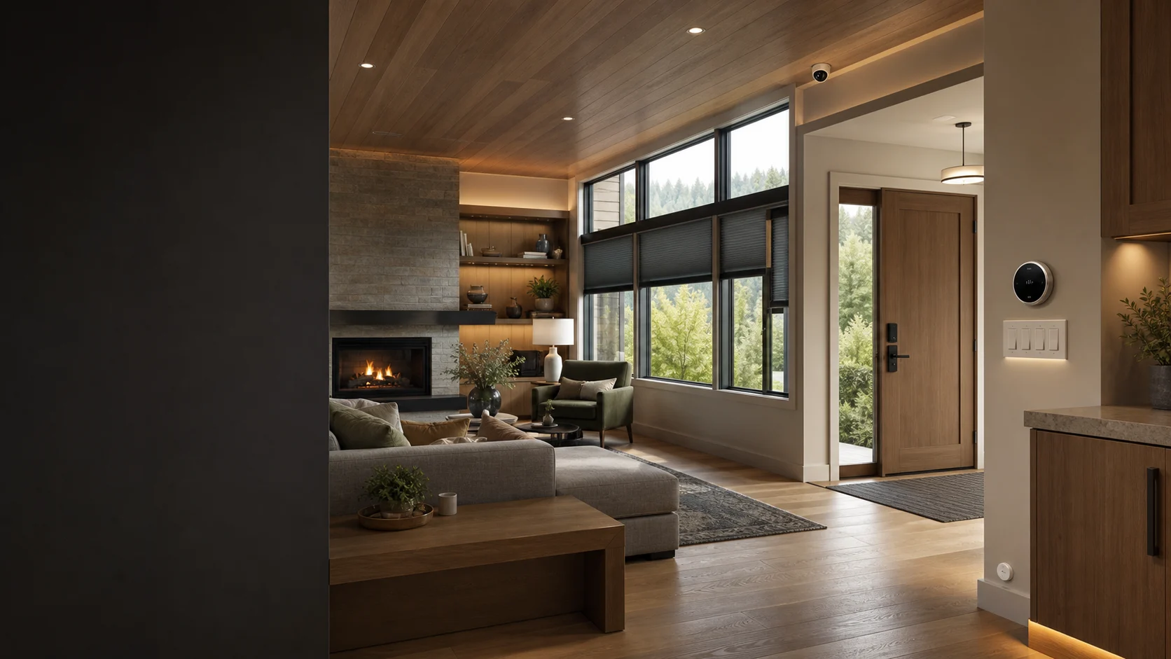 Professionally installed smart thermostat, lighting, door lock, camera, blinds, and sensors in a modern home